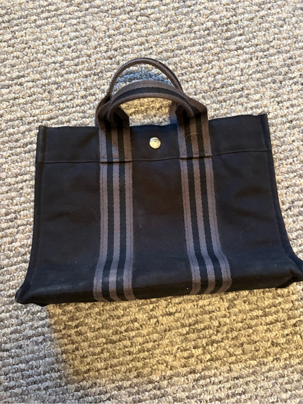 Hermes Black Canvas Mini Tote with Gray Stripe Handles
